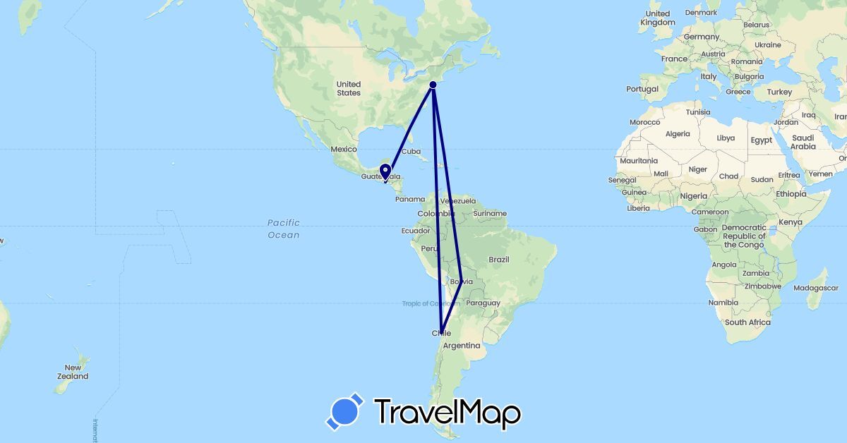 TravelMap itinerary: driving in Bolivia, Chile, El Salvador, United States (North America, South America)